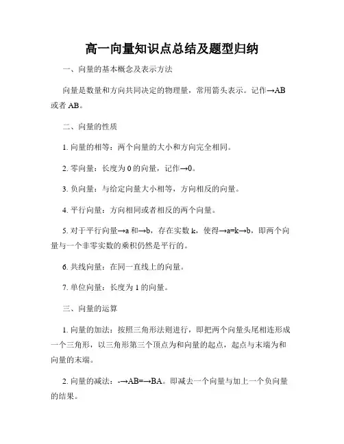 高一向量知识点总结及题型归纳
