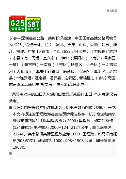 G长深高速江苏段出入口服务区里程数及风景区