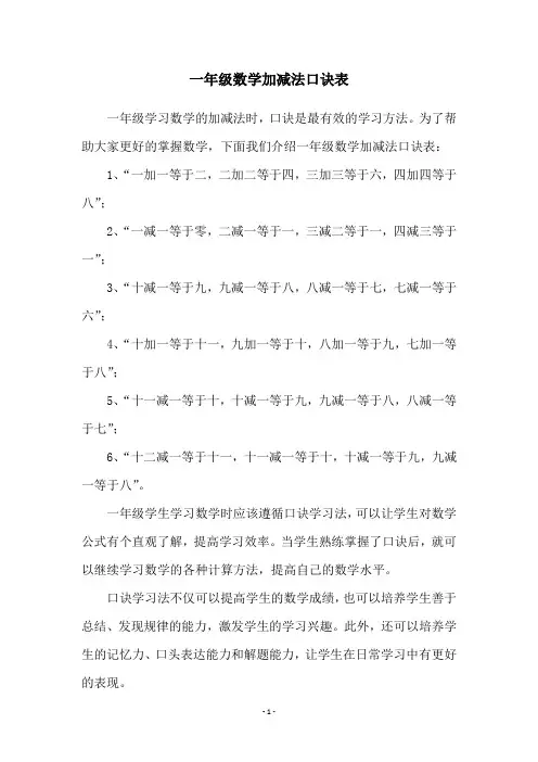 一年级数学加减法口诀表