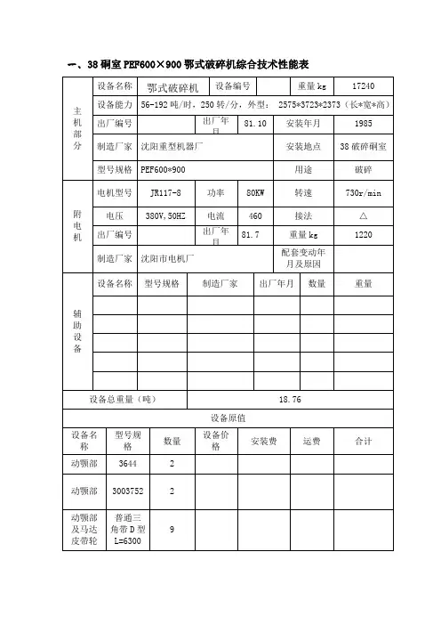 PEF600×900鄂式破碎机综合技术性能表