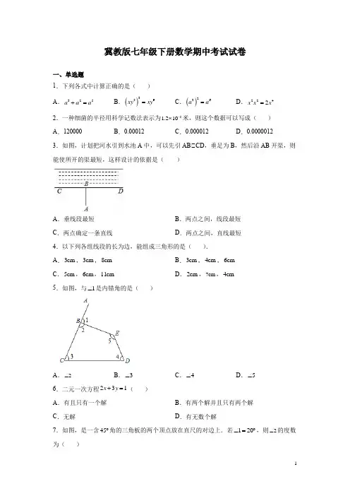 冀教版七年级下册数学期中考试试题含答案