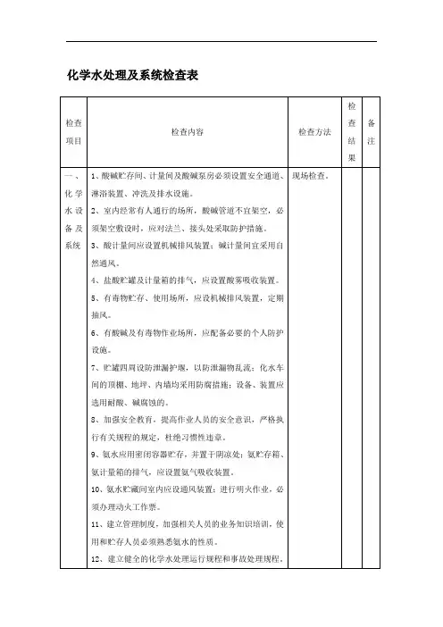 化学水处理及系统检查表