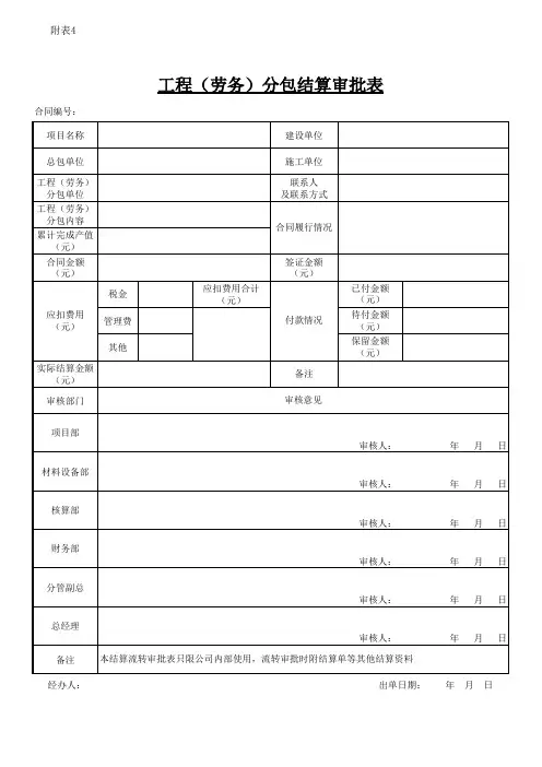 工程(劳务)分包结算审批表样表