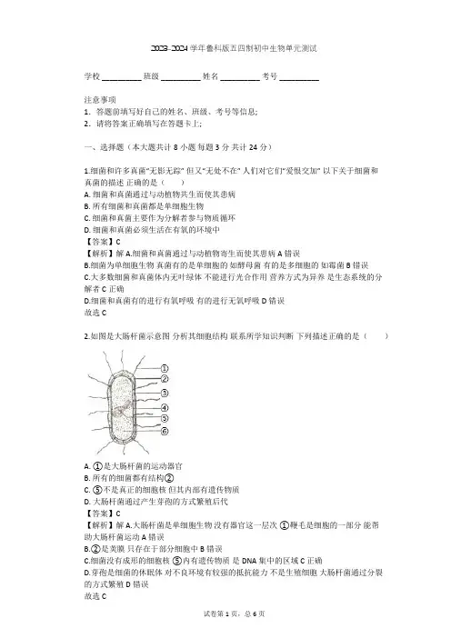 2023-2024学年初中生物鲁科版五四制七年级下第6单元 生物圈中的微生物单元测试(含答案解析)