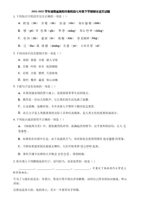 2021-2022学年湖南省衡阳市衡阳县七年级下学期期末语文试题