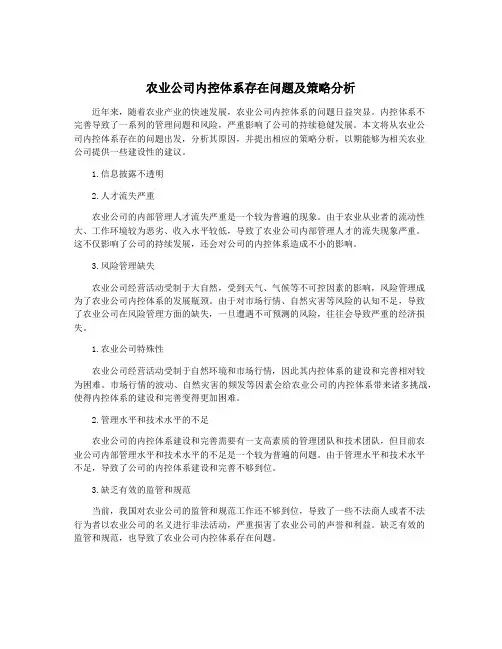 农业公司内控体系存在问题及策略分析