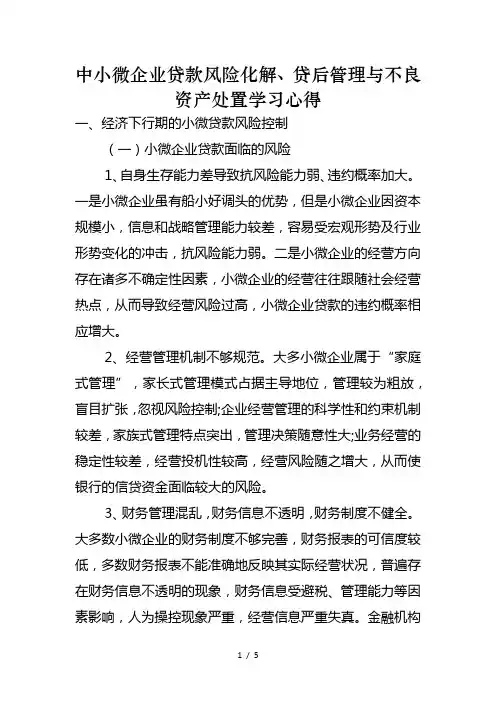中小微企业贷款风险化解、贷后管理与不良资产处置学习心得