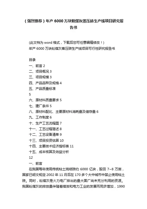 （强烈推荐）年产6000万块粉煤灰蒸压砖生产线项目研究报告书