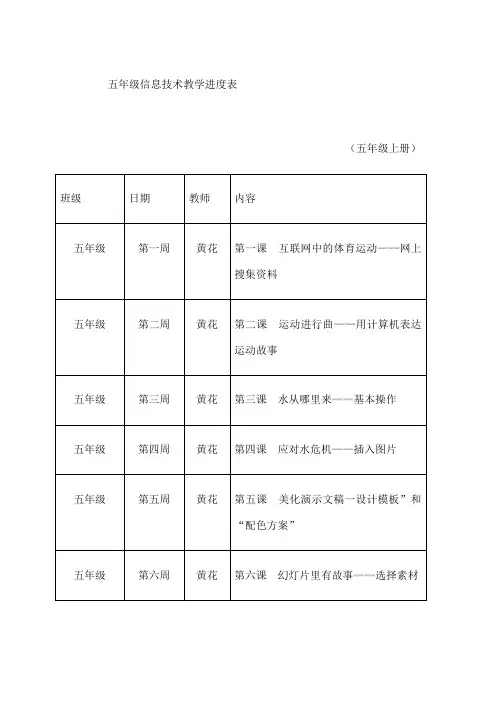 五年级信息技术教学进度表