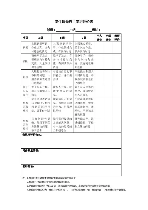 学生课堂自主学习评价表