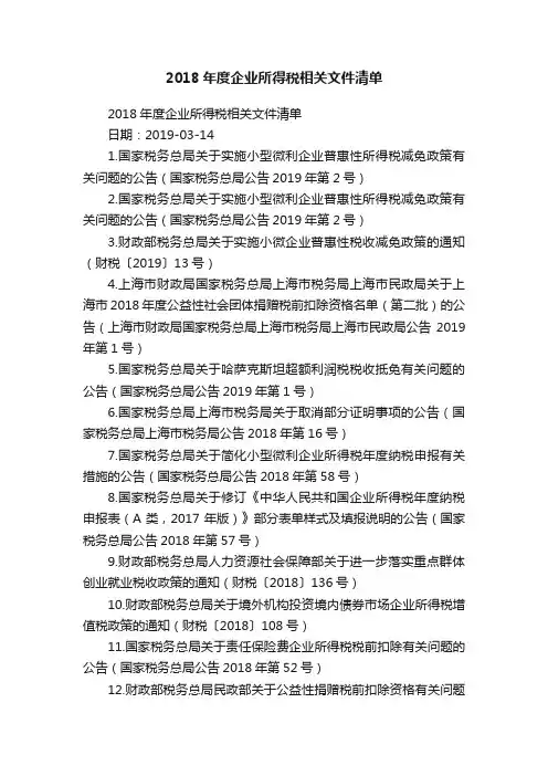 2018年度企业所得税相关文件清单