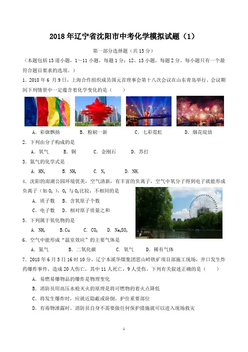 2018年辽宁省沈阳市中考化学模拟试题(1)含答案(最新)