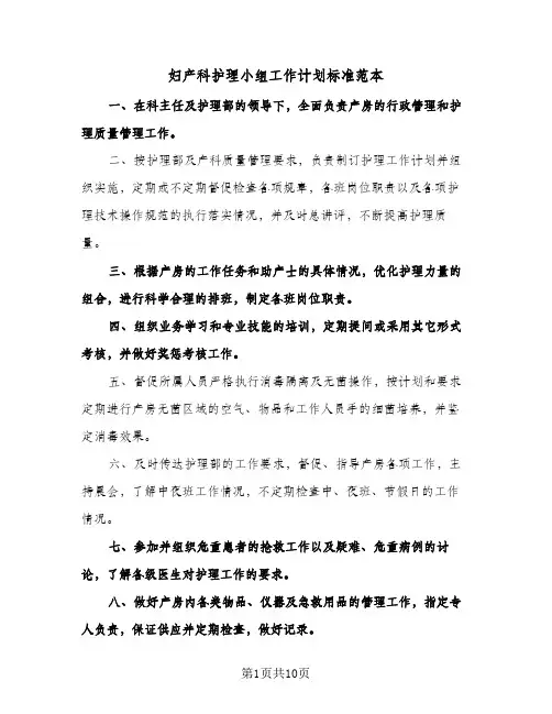 妇产科护理小组工作计划标准范本(4篇)
