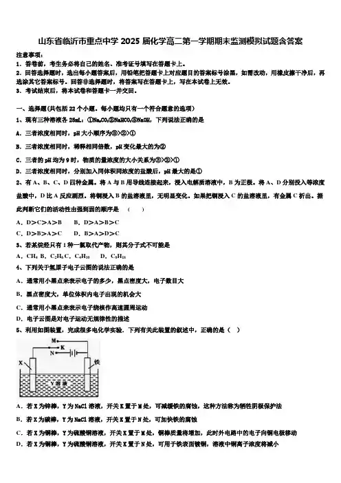 山东省临沂市重点中学2025届化学高二第一学期期末监测模拟试题含答案