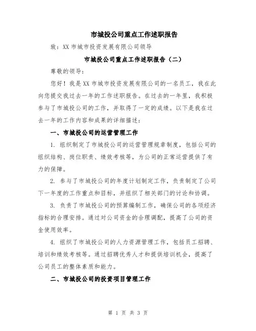 市城投公司重点工作述职报告