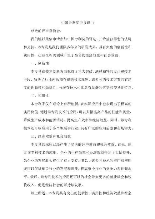 中国专利奖申报理由
