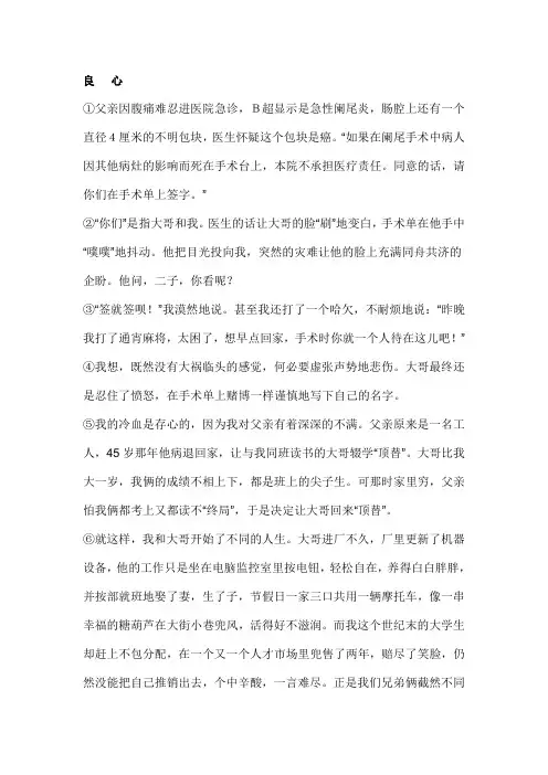 中考文学类小说专题阅读《良心》阅读