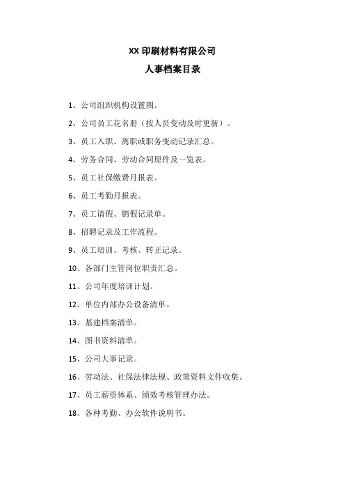 XX印刷材料有限公司人事档案目录(2024年)