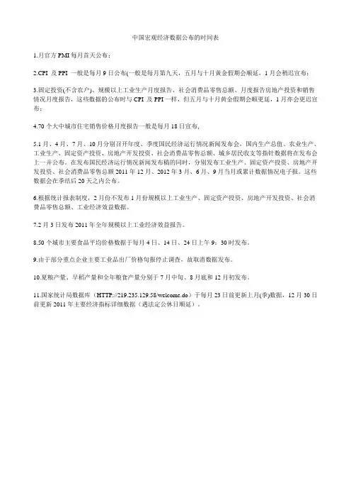 中国宏观经济数据公布的时间表