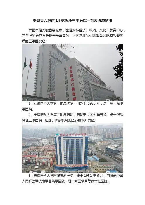安徽省合肥市14家优质三甲医院一览表收藏备用