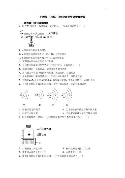 沪教版(上海)初三化学上册期中试卷解析版