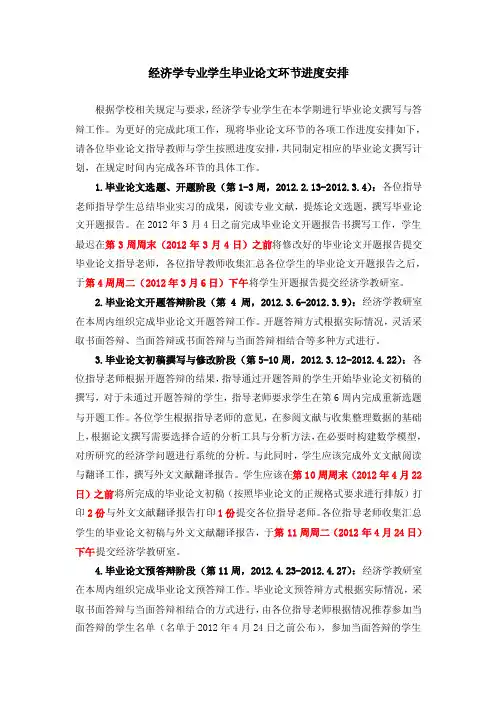 经济学专业学生毕业论文环节进度安排（2012-2-22修改）