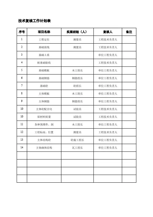 精品表格018技术复核工作计划表