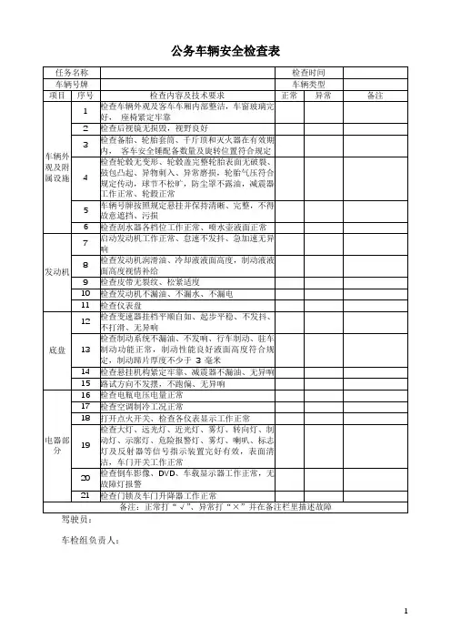 公务车辆安全检查表