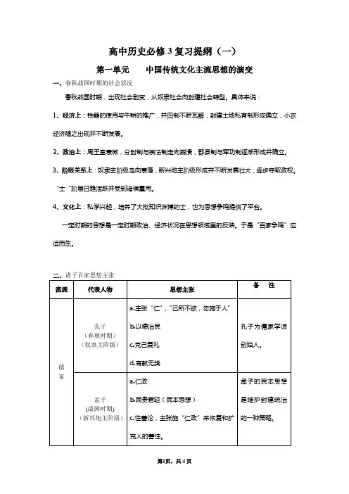 高中历史必修3第一单元    中国传统文化主流思想的演变