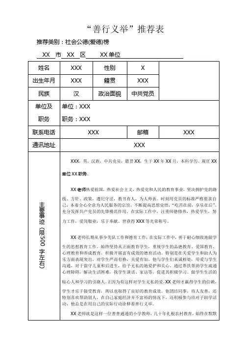 “善行义举”推荐表范本(