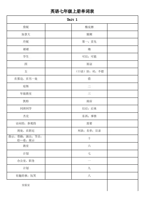 英语七年级上册单词表听写版