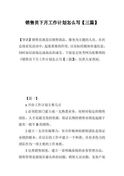 销售员下月工作计划怎么写【三篇】