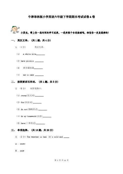 牛津译林版小学英语六年级下学期期末考试试卷A卷