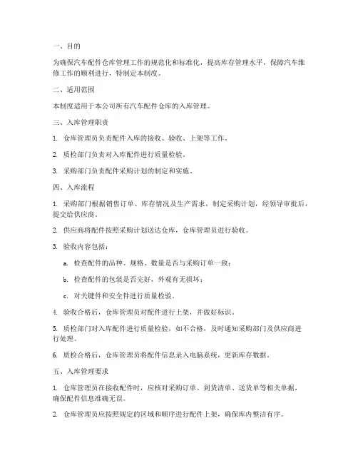 汽配仓库入库管理制度及流程