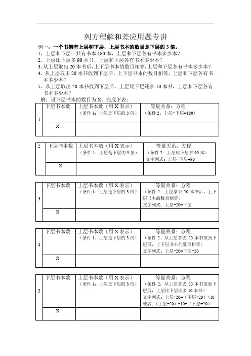 五年级列方程解和差复杂应用题专讲和习题