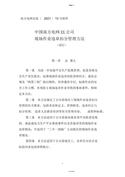 中国南方电网有限责任公司现场作业违章扣分管理办法(试行)
