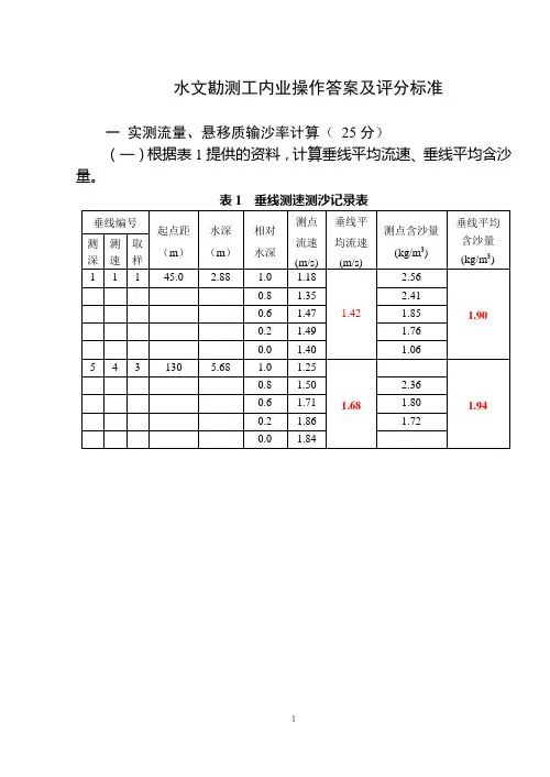 水文勘测工内业操作答案及评分标准