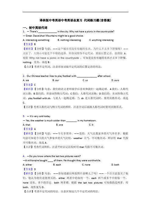 译林版中考英语中考英语总复习 代词练习题(含答案)