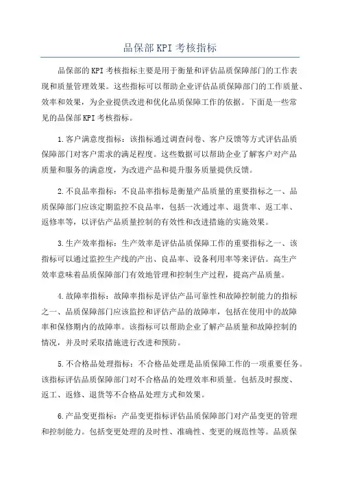 品保部KPI考核指标