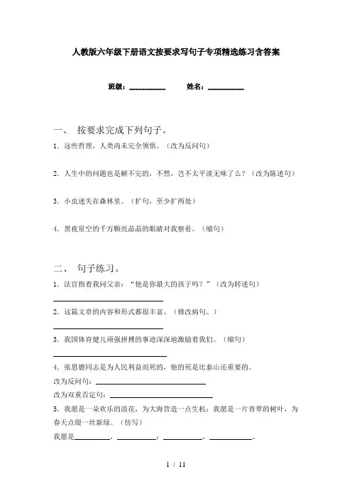 人教版六年级下册语文按要求写句子专项精选练习含答案