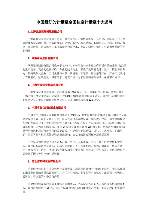 中国最好的计量泵全国柱塞计量泵十大品牌