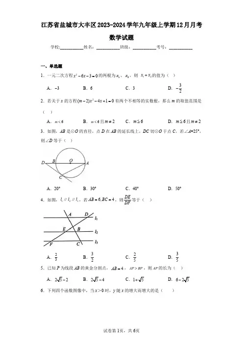 江苏省盐城市大丰区2023-2024学年九年级上学期12月月考数学试题