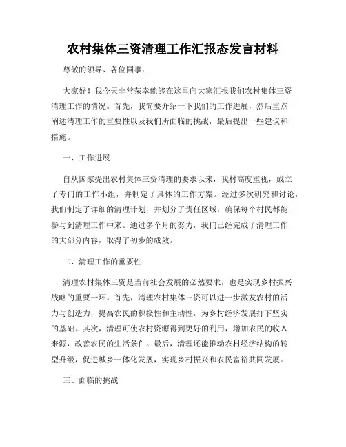 农村集体三资清理工作汇报态发言材料