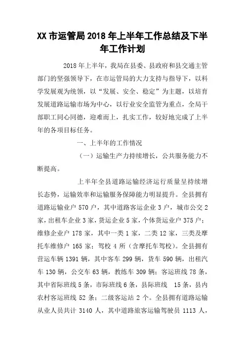 XX市运管局2018年上半年工作总结及下半年工作计划