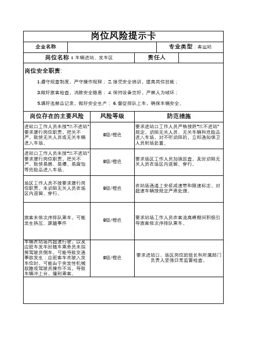 汽车客运站岗位风险提示卡(进站口、发车区)