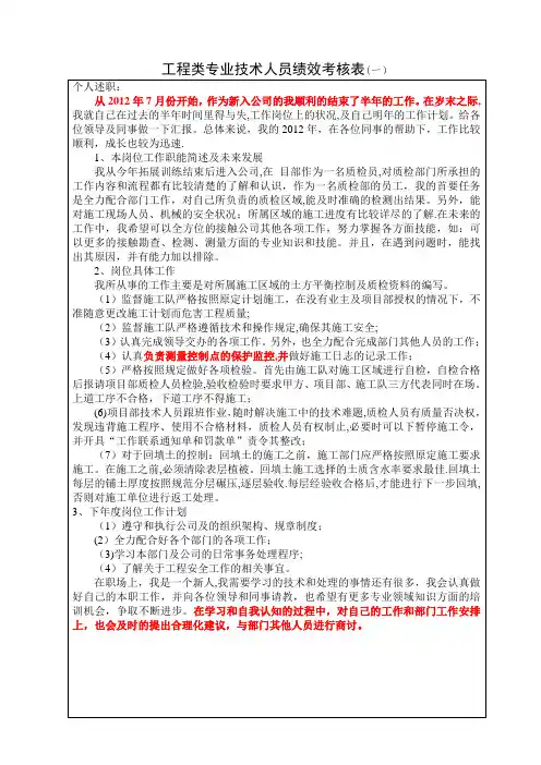 工程类专业技术人员绩效考核表