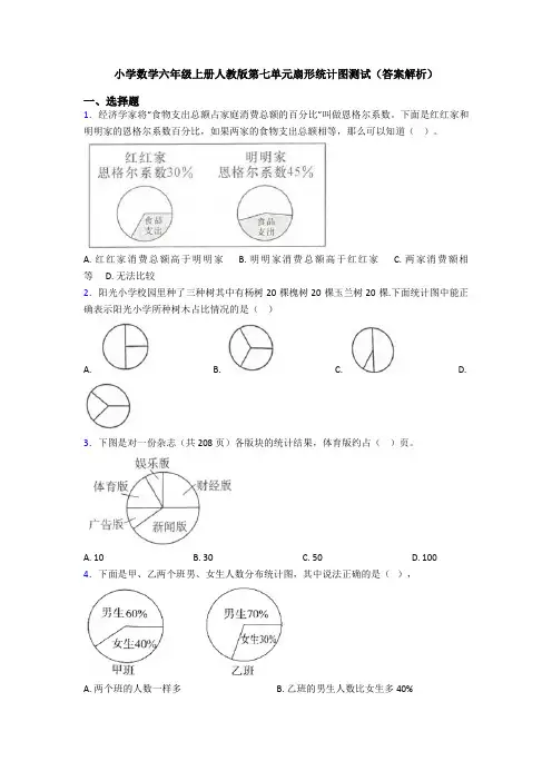 小学数学六年级上册人教版第七单元扇形统计图测试(答案解析)
