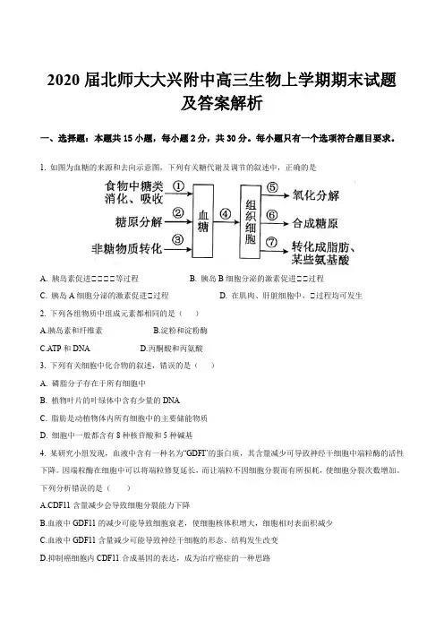 2020届北师大大兴附中高三生物上学期期末试题及答案解析