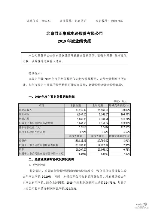 北京君正：2019年度业绩快报