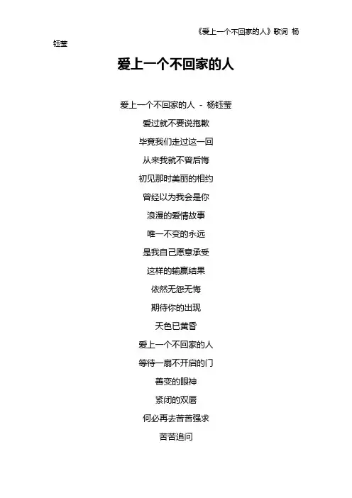 《爱上一个不回家的人》歌词 杨钰莹